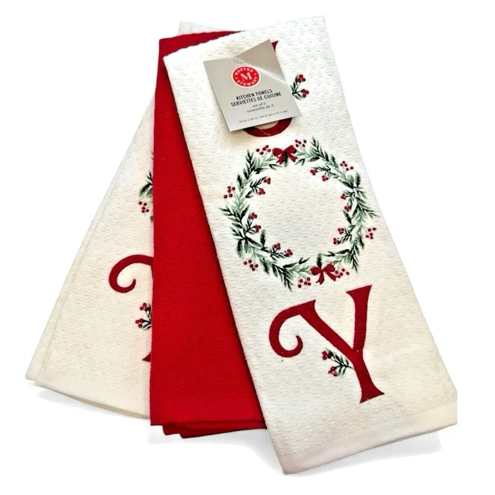 Martha Stewart Christmas Joy Dish Kitchen Towels Set of 3 White Red Wreath